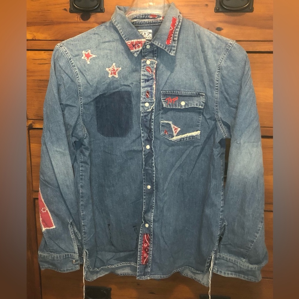 PRPS Noir Distressed Patchwork Denim Shirt Japan Noir Men’s Size M